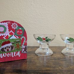 Glass Avon Christmas Candleholders, Reversable Taper or Tealight Holiday Hostess Candle Holders with Holly and Berries.
