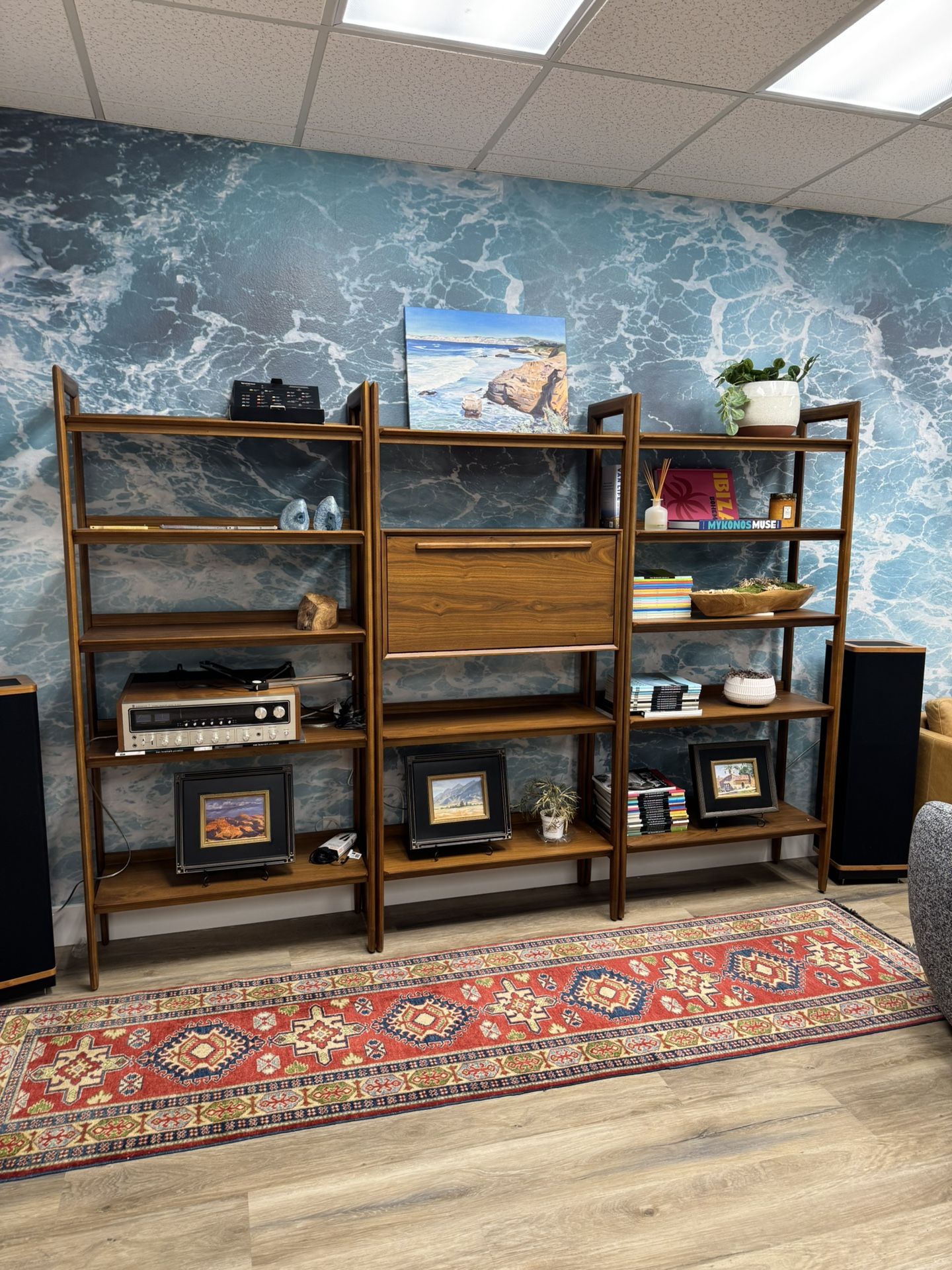 3 Piece Crate And Barrel Mid Century Wall Shelf Unit With Bar