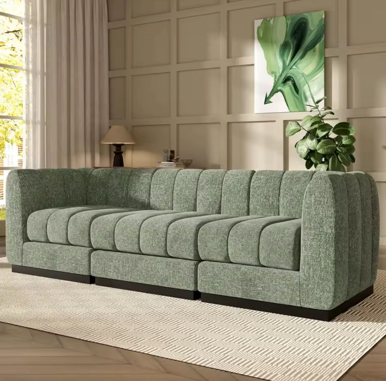 3-Piece Luxury Chenille Sectional Sofa Set – Oversized Deep-Seat Modern Couch (Green)