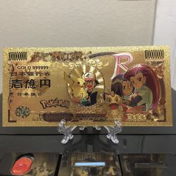 24k Gold Plated Pokemon Team Rocket Trainer Jessie And James With Meowth And Pikachu Banknote