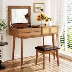 Mid-Century Modern Flip-Top Vanity Desk with Rattan Drawers and Stool