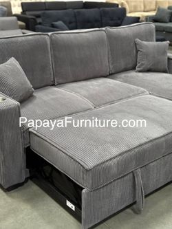 NEW Dark Grey L Shape Sectional Sofa and STORAGE Chaise Pullout Sleeper Bed Seccional Convertible Under Bed SofaBed Set USB Charging Port Cup Holder 