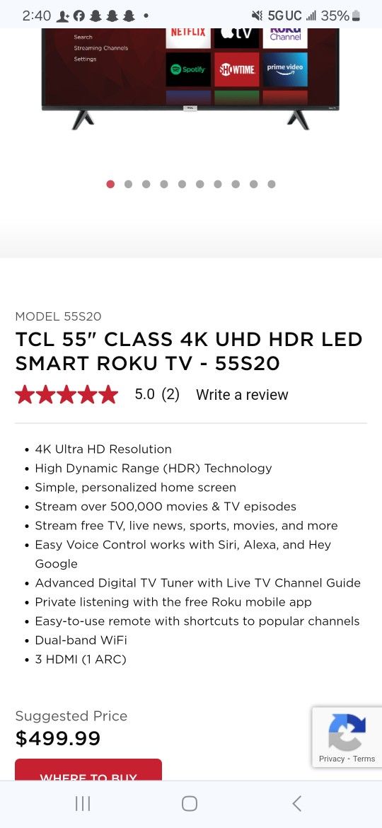55' Smart Roku TV with Wall Mount