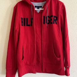 Tommy Hilfiger Hoodie Men's Size S/P Red Full Zip Hooded Sweatshirt Spellout