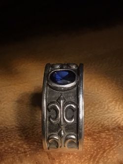 SOLID STERLING SILVER FLEUR DE LIS SAPPHIRE Ring Size 9