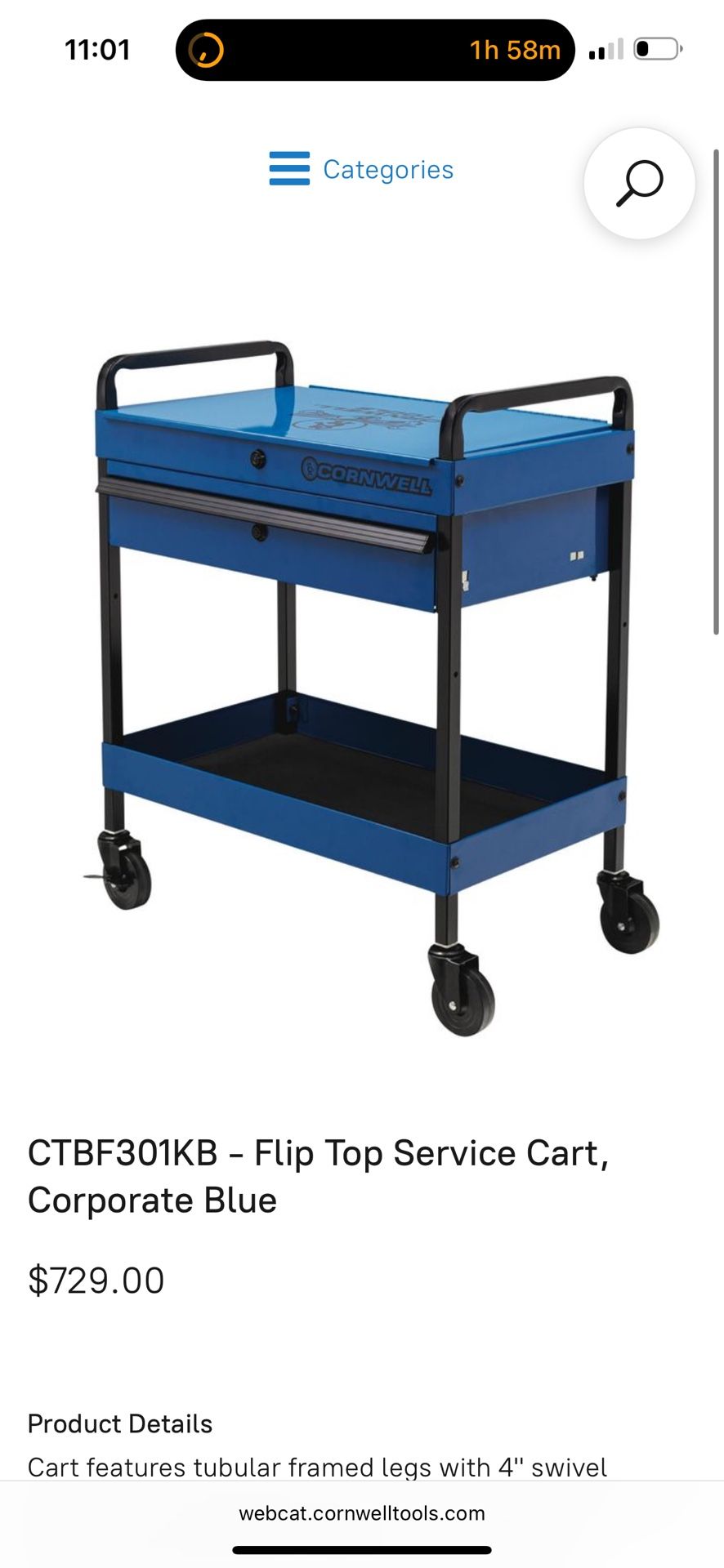 Cornwell 3-Tier Flip Top Mechanic Cart – 350 lb Capacity Sealed In Box 