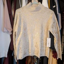 Liz Claiborne Cream & Gold Foil Mock Neck Sweater – Size Small (NEW)