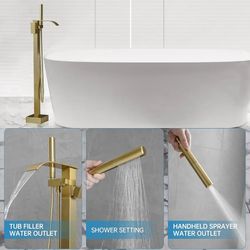 RUMOSE Tub Filler Freestanding Bathtub Faucet Brushed Gold Floor Mount Tub Faucet Waterfall Bathtub Filler with CUPC Certified High Flow Brass Bath Sh