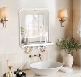 20” x 16” White Modern Mirror with Storage Shelf & Hooks