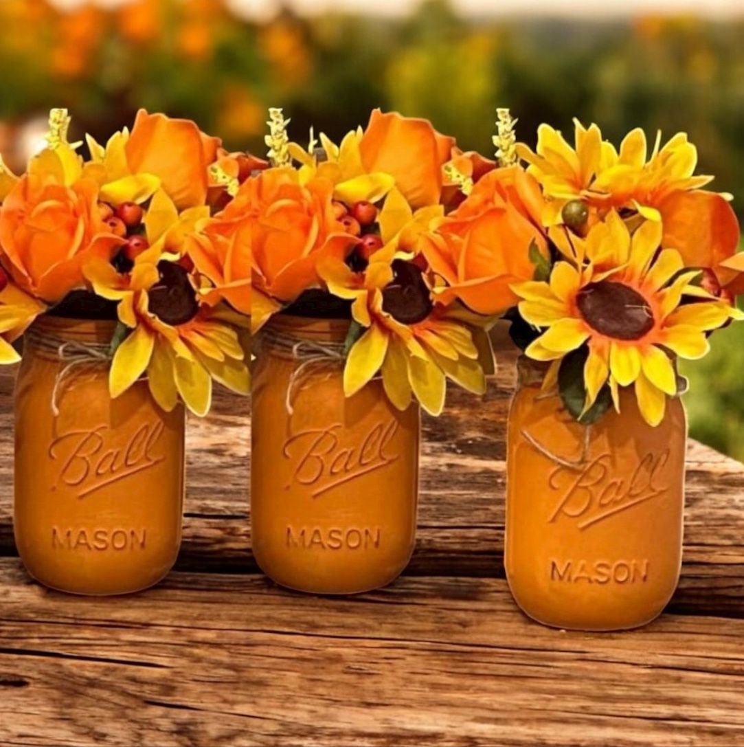 Fall Orange Roses and sunflower Mason Jar Centerpieces 