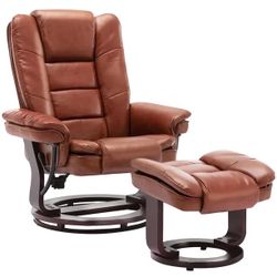 Swivel Recliner Chair with Ottoman, Faux Leather Lounge Chair with Wooden Base and Footrest, Double Plush Foam Padding for Living Room, Bedroom, and O