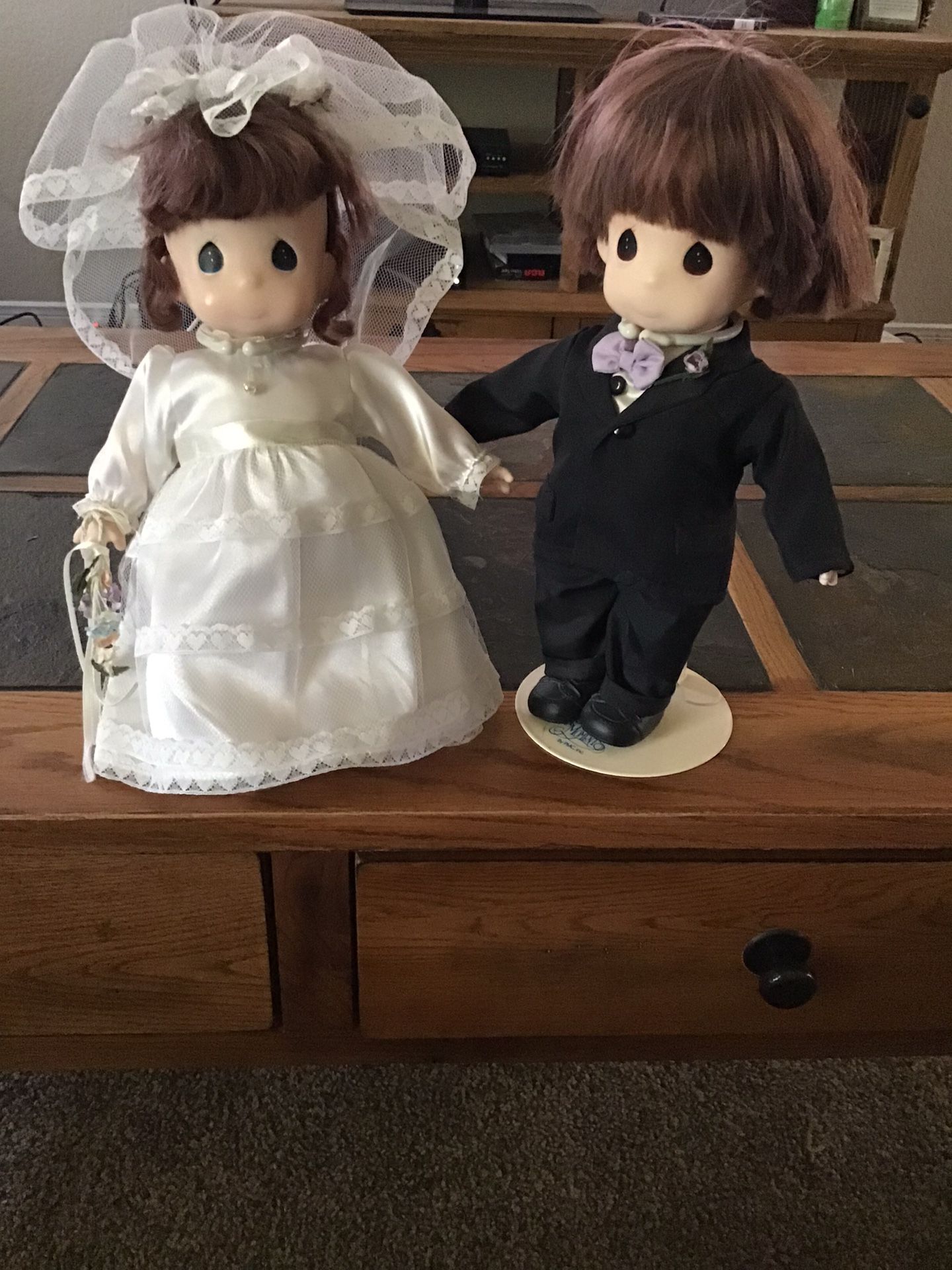 Precious moments bride and groom dolls w/stands, 1995