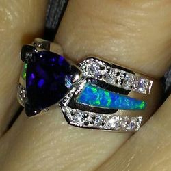 So Lovely New Sterling Silver Dark Purple Amethyst Fire Opal Ring!