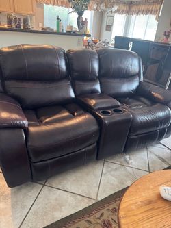 Dark Brown Leather Reclining Loveseat with Console