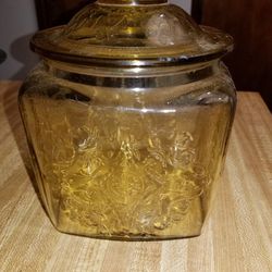 Vintage Federal Madrid Amber Yellow Depression Glass Cookie Cracker Biscuit Jar
