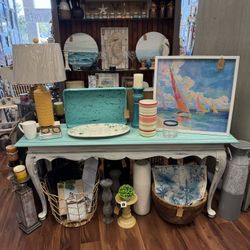 Hand-Painted Coastal Console Table – Distressed Seagull Grey & Aqua, Solid Wood Entry Way Table