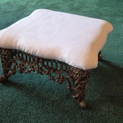 Victorian Style Cast Iron Footstool – Ornate Gilded Base, Cream Upholstery