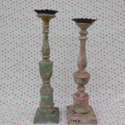 DISTRESSED WOOD LUMIERE CANDLESTICK CANDLE HOLDERS SET OF 2