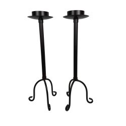 Pair of Tall Tripod Pillar Candle Stands Dark Brown Metal 24" High