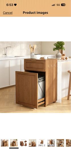 Pull-Out Trash Cabinet with Drawer & Hooks, Fits 7/10/13 Gal Bins,Walnut   Pull-out Tray Holds up to 100lbs,Full-extension  Slides. Sealed Door Blocks