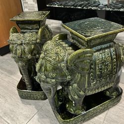 Large Pair Of Ceramic MCM Hollywood Regency Emerald Green Elephant Plant Stand/Tables