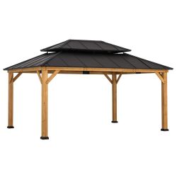 12 ft. x 16 ft. Outdoor Patio Steel Hardtop Gazebo, Cedar Framed Wooden Gazebo with 2-Tier Metal Roof, Dark Brown