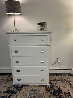 White Five-Drawer Dresser w/Top Mirror and Storage - Delivery Extra