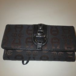 Etienne Aigner Tri-fold Signature Black Brown Cloth Silver Hardware Wallet New