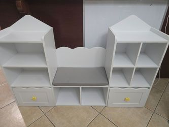 Kids Bookshelf with Reading Nook, Cushion, Storage Cubbies & Rolling Drawers