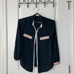 Zara Basic Womens Button-Up Blouse Navy & Pink Colorblock Size S