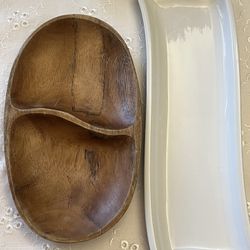 Dual-Section Wooden Serving Dish + Modern White Ceramic Tray