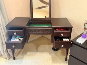 Dark Wood Vanity Desk with Mirror and Drawers