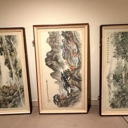 Set of 3 Large Korean Landscape Paintings – Kim Ok-Jin (Hwasan) – 60” Framed – Rare Vintage Collection