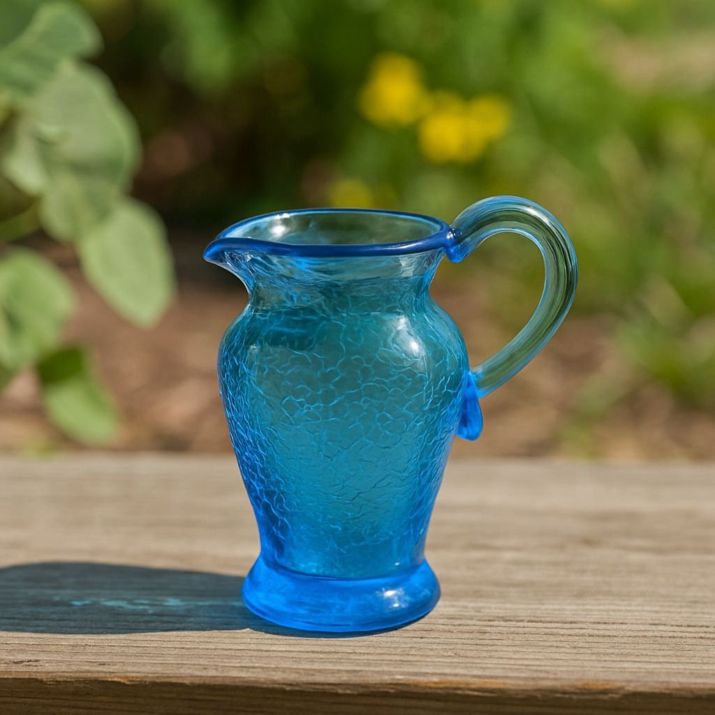 Vintage 1960s Crackle Glass Blue Mini Pitcher Hand-Blown Applied Handle, 3.5x2”