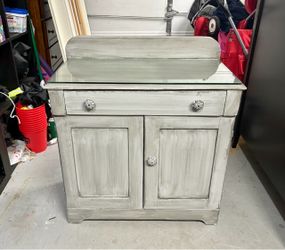 Vintage Wood Cabinet / Sideboard with Glass Top (Painted Gray) 29.5” x 15” x 32.5”