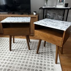 Mid-Century Marble and Wood Side Tables