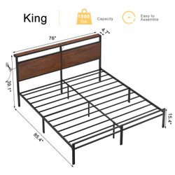 King Bed Frame with Headboard LED Lights Charging Station No Box Spring Needed Noise Free  Brown