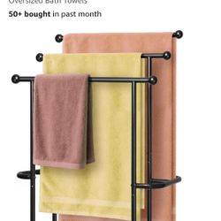 Haturi Free Standing Towel Rack for Bathroom, 39" Black 3-Tier Rust-Resistant Outdoor Towel Drying Rack for Pool, Metal Blanket Rack Holder with Stora