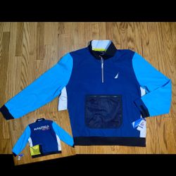 Nautica Mens Blue Colorblocked Logo Print 1/4 Zip Jacket Size M New! 