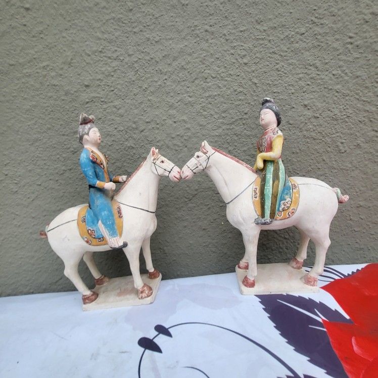 12"Pairs Man & Woman China Tang Sancai Pottery Dynasty Palace Riders Horse Statue