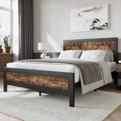 Grey Metal Bed Frame Queen, Industrial Wooden Platform Base with Rivet Headboard and Footboard, No Box Spring Needed