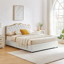 Upholstered Wooden Slats Platform Bed With Classic Buckle Backrest & 4 Storage Drawers, Leather Platform Bed, Metal Frame Bed With Solid Wood Ribs