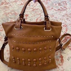 Vince Camuto Leather Crossbody Satchel Bag Studded Gold in excellent condition