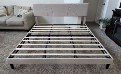 King Size Beige Upholstered Bed Frame with Adjustable Headboard, Rails and Wood Slats. No Box Spring Needed. 78"W x 82"L x 11"H with 6.5"H of under-be