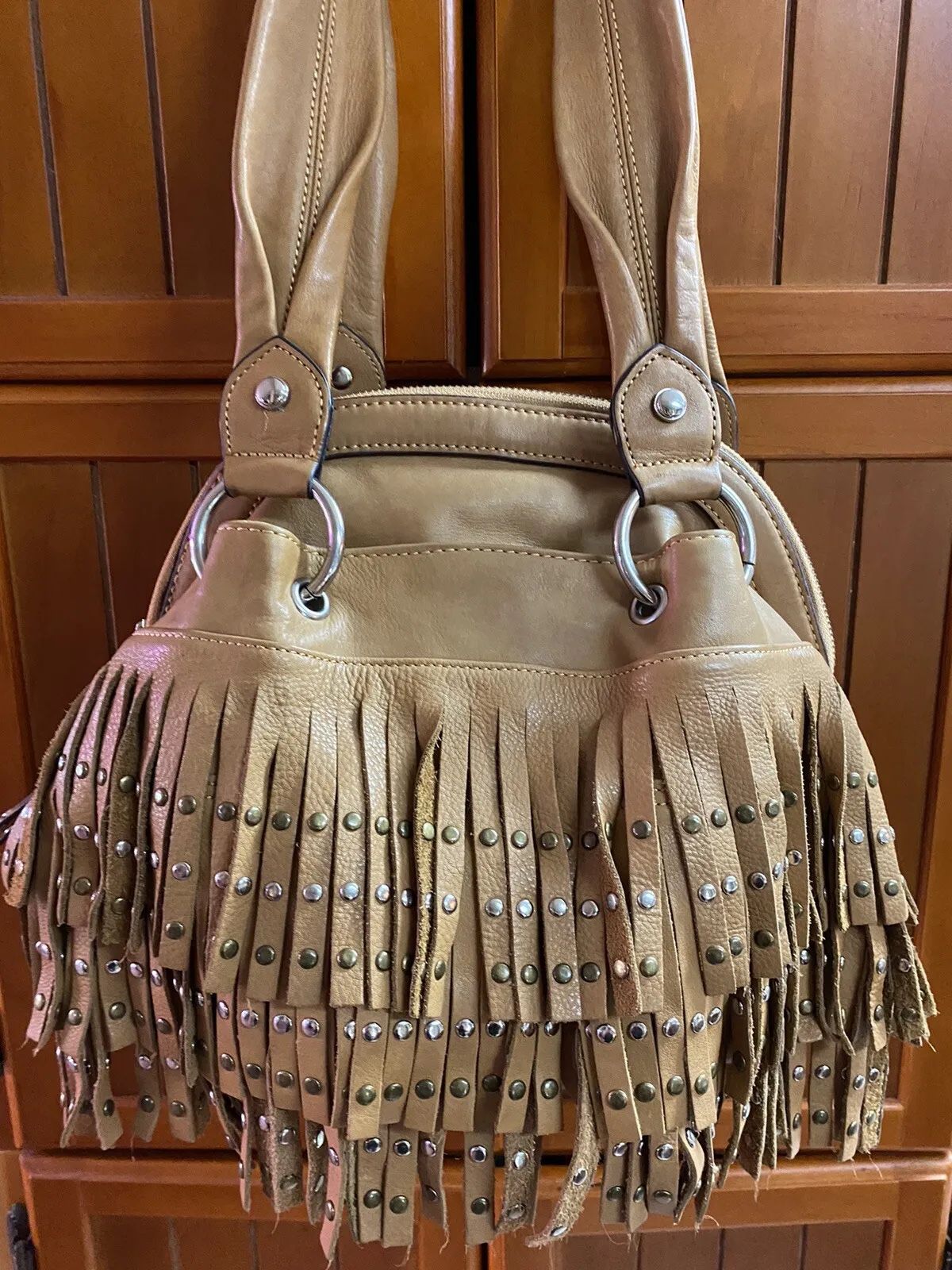 B.Makowsky brown Leather Fringe/Studded Multi pocket organizer bag