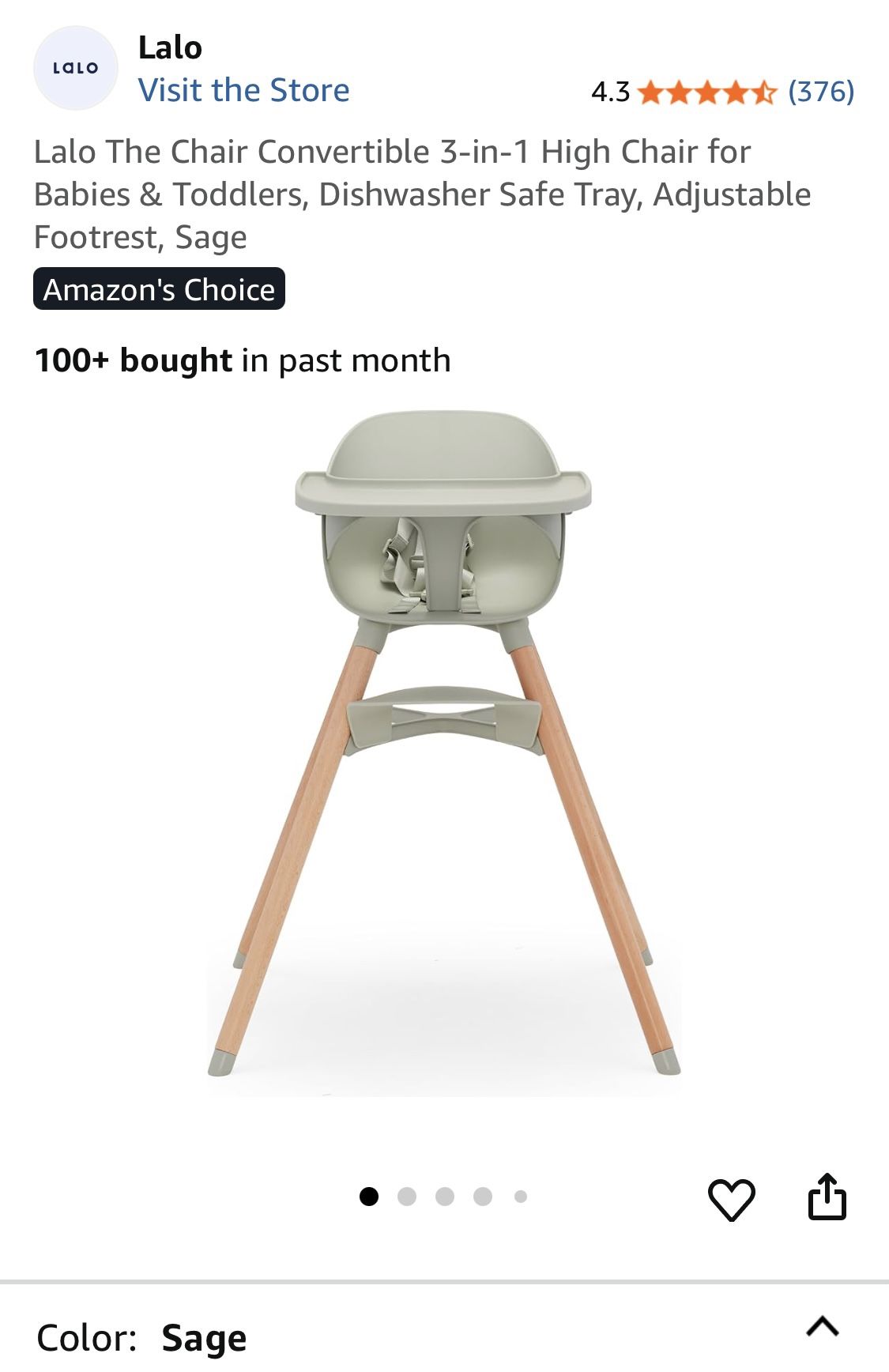 NEW Lalo High Chair Baby Toddler Sage The Chair Highchair Child
