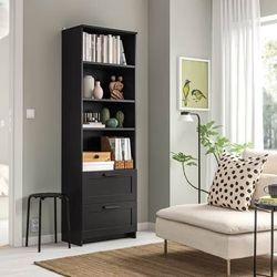 Black Bookcase with Open Shelves and 2 Lower Drawers