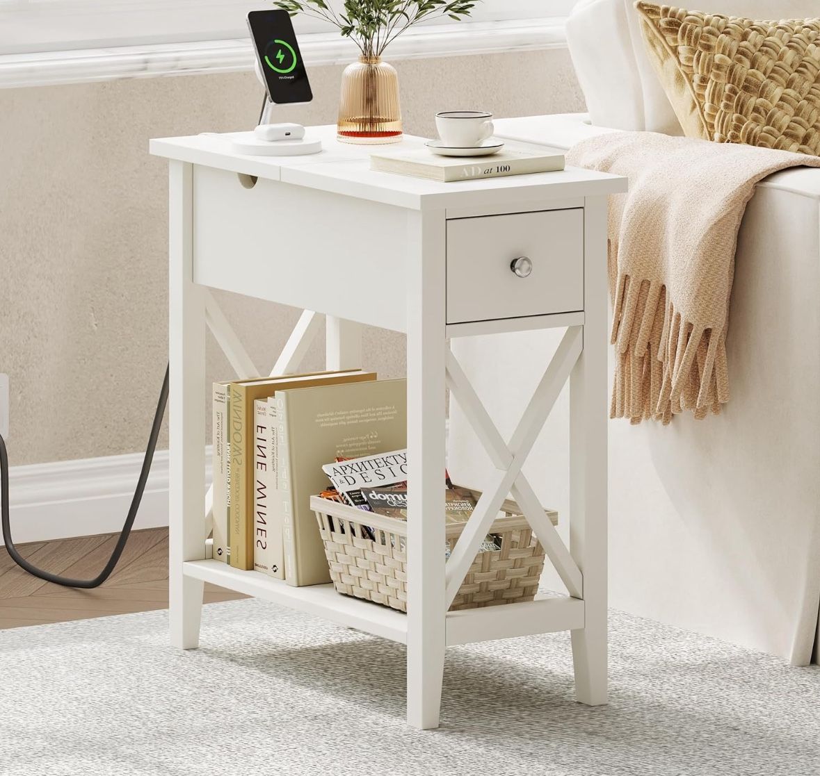 ChooChoo End Table with Charging Station, Narrow Side Table with USB Ports and Outlets, Nightstand with Drawer, for Small Spaces, Bedside Tables for L