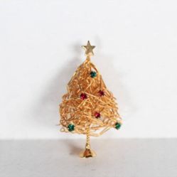Vintage 1990s Gold Toned Wire Christmas Tree Brooch With Green And Red Rhinestones 