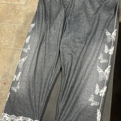 3XL Pajama Capri Pants Grey with Butterflies On The Side Elastic Waist New